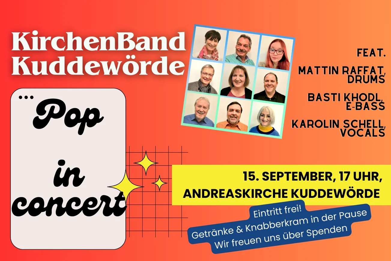 Die Mitglieder der KirchenBand, poppiger orangefarbiger Hintergrund und die Konzertinfos