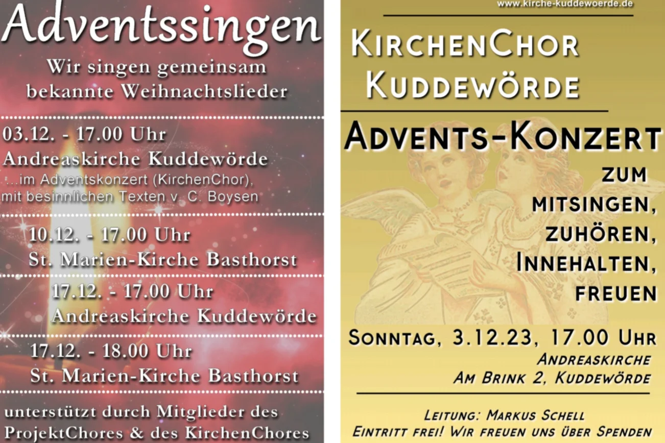  Adventssingen unter freiem Himmel oder in der Kirche Sonntag, 17. Dezember 2023 17:00 - 17:30 Uhr 