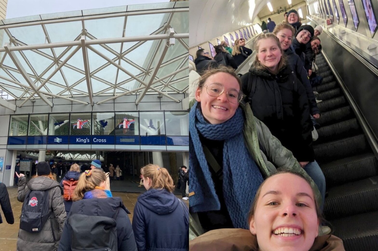 Junge Menschen auf einer Rolltreppe und vor einer U-Bahn-Station.