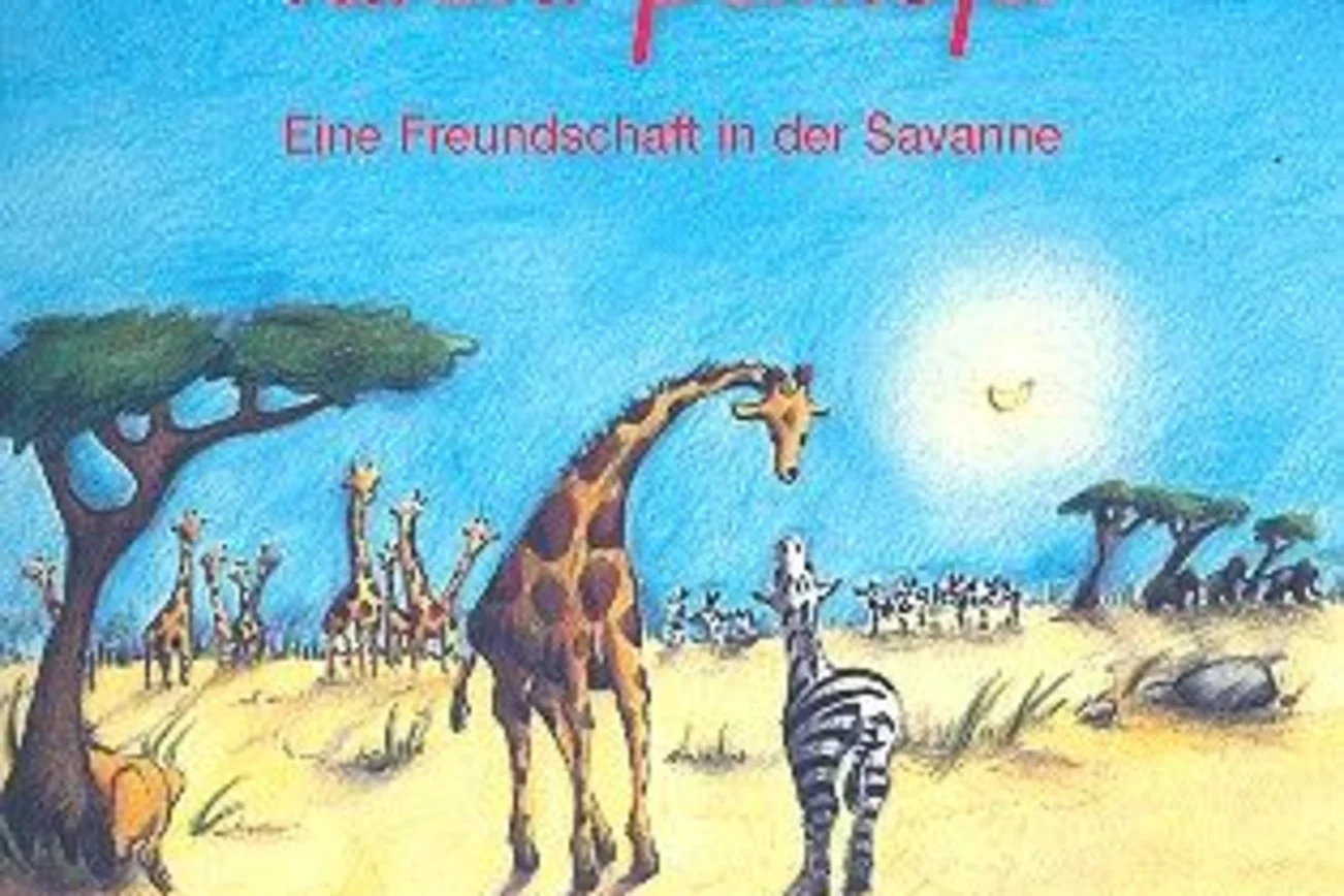 Eine Giraffe und ein Zebra unterhalten sich in der Savanne