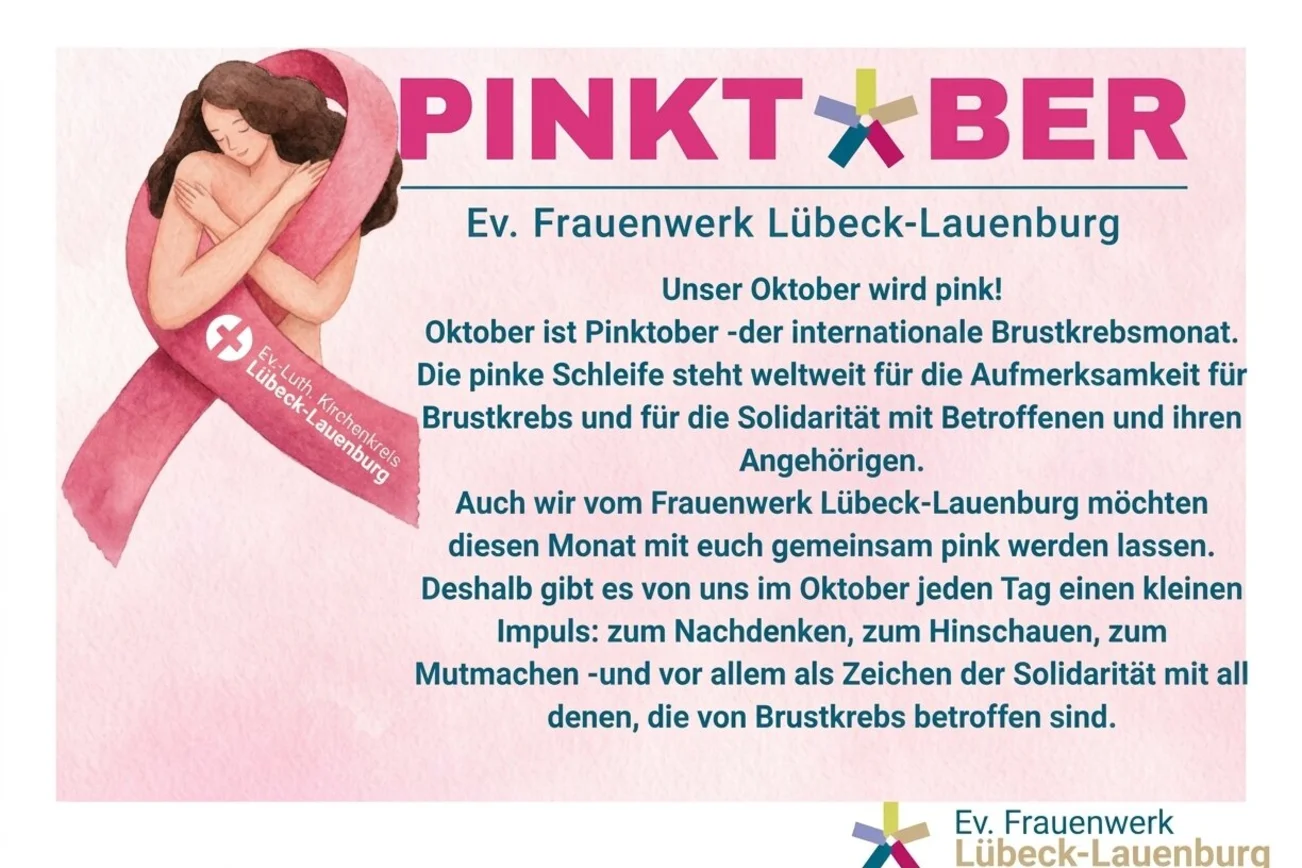 Text Pinktober aus pinkem Hintergrund mit Schleifer und Frau