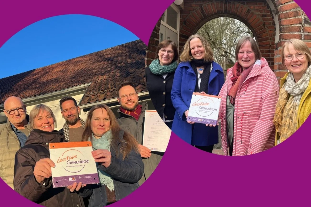 Collage zweier Gruppenbilder auf denen Menschen ein Schild mit der Aufschrift "ökofaire Gemeinde" halten