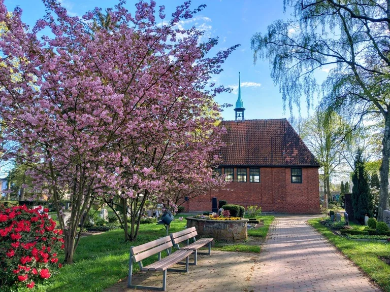 Kapelle mit blühender Kirsche