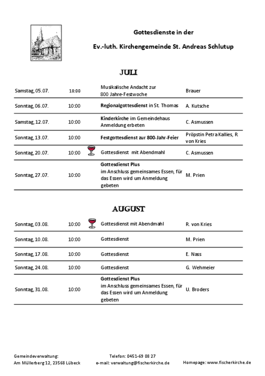 Gottesdienstplan Juli-August 2025