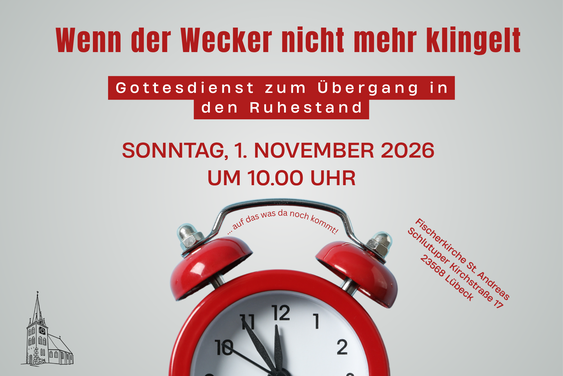 Ein Wecker mit Ankündigung des Gottesdienstes am 1.11.2026 - Copyright: St. Andreas Kirchengemeinde