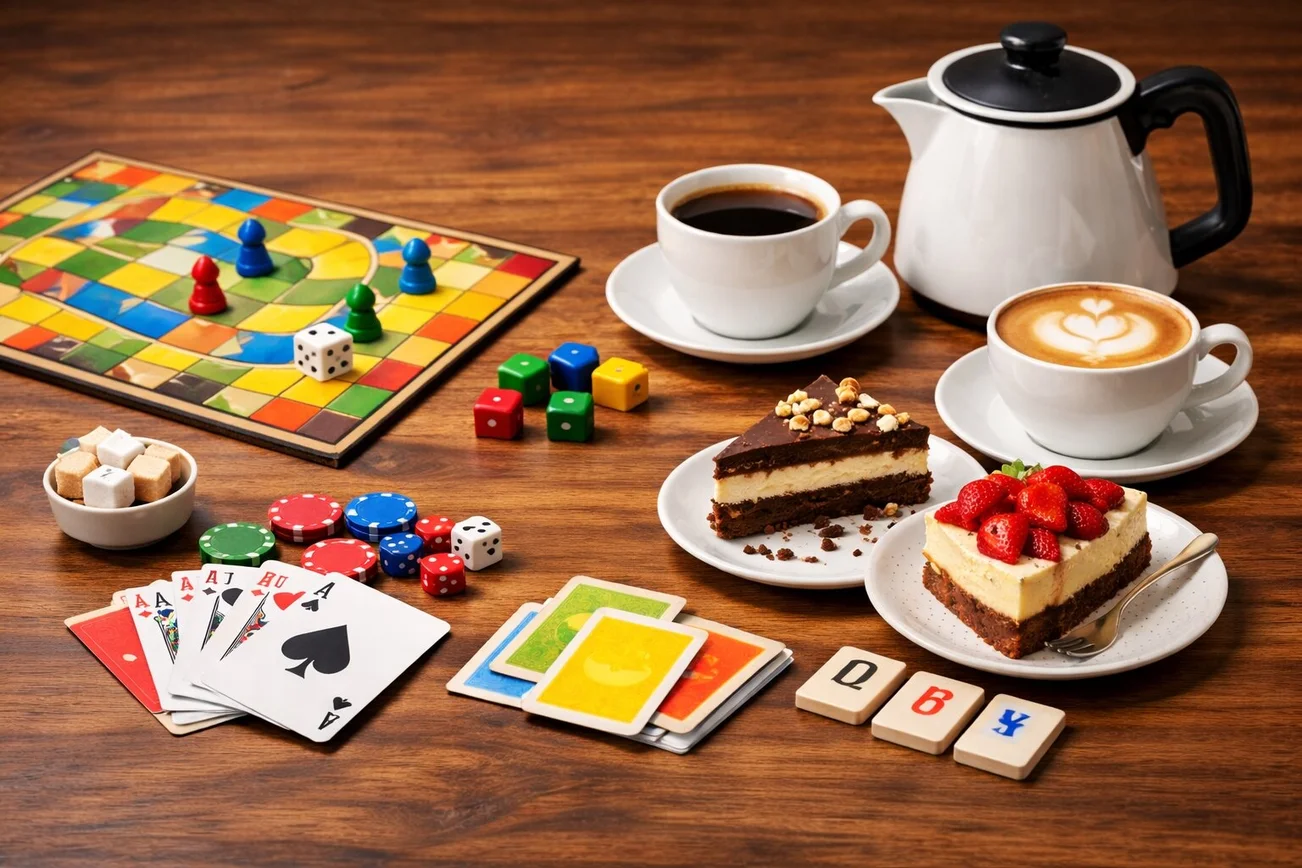 Spielekarten und Kaffee auf einem Tisch