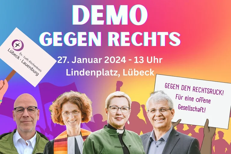 Ein regenbogenfarbenes Bild mit Oberkörper von 4 Personen im Vordergrund, Plakaten und Text Demo gegen Rechts